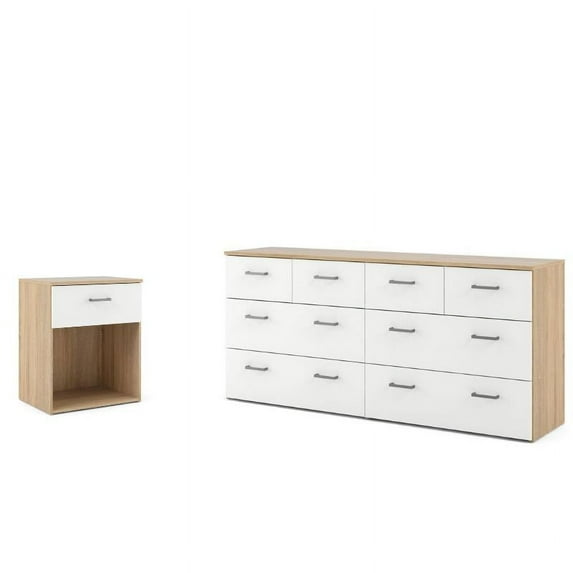 Home Square Contemporary Design 2 piece Bedroom Set with 1 Drawer Nightstand and 8 Drawer Double Dresser in Oak and White
