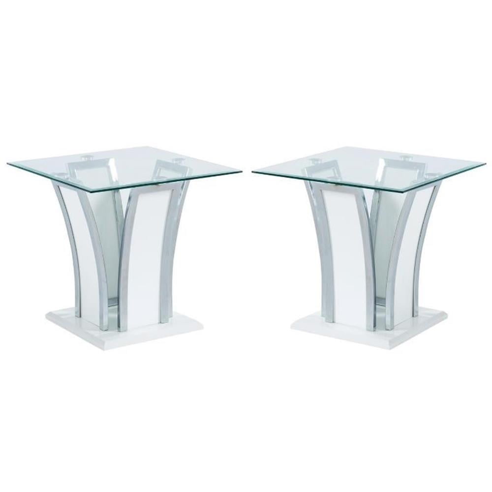 Glossy White and Chrome Glass Top End Tables Set