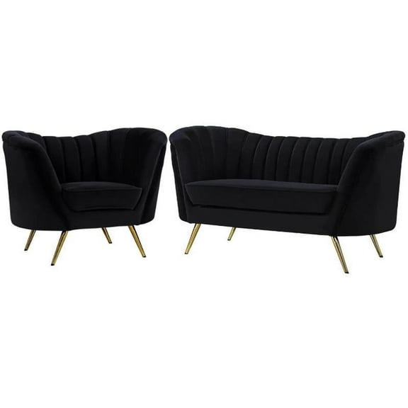 Home Square Contemporary Living Room Furniture Set, 2 Piece with 65" Loveseat and 43" Upholstered Velvet Accent Chair, in Black and Gold