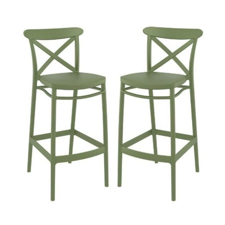 Home Square Cross Indoor Outdoor Bar Stool in Olive Green - Set of 2