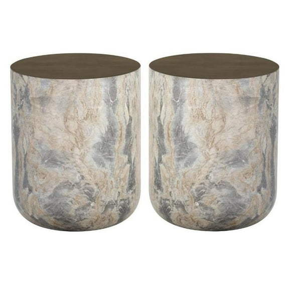 Home Square Diaz 16" Drum Modern Concrete End Table in Antique Brass - Set of 2