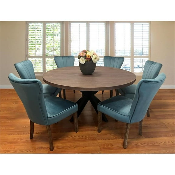 Home Square Dining Table Set with Solid Wood Round Table and 6 Chairs in Teal