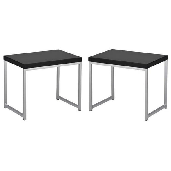 Home Square End Table in Chrome Metal Leg and Black Wood Top - Set of 2