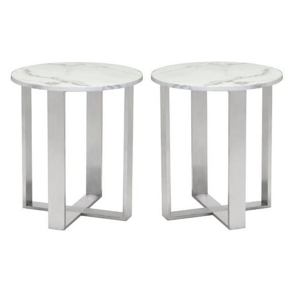 Home Square End Table in Stone and Stainless Steel - Set of 2