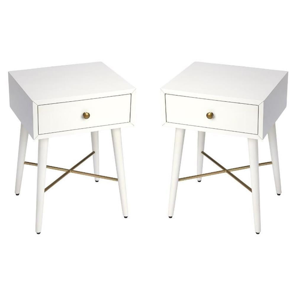 White and Gold Mid-Century Modern End Tables with Storage - Set of 2