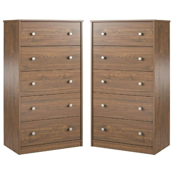 Home Square Engineered Wood Tall 5 Drawer Dresser in Walnut - Set of 2