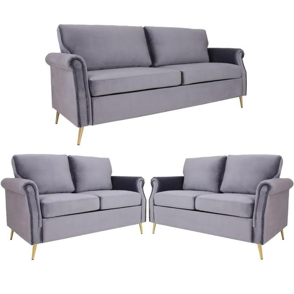 Home Square Eton 3 Piece Set with Velvet Living Room Sofa and 2-Loveseat in Gray