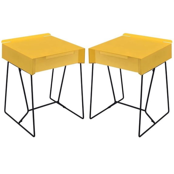 Home Square Eva Contemporary Metal 1-Drawer End Table in Yellow - Set of 2