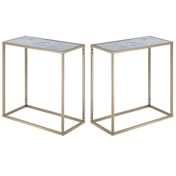 Home Square Faux Marble Chairside Table in Gold Metal Frame - Set of 2