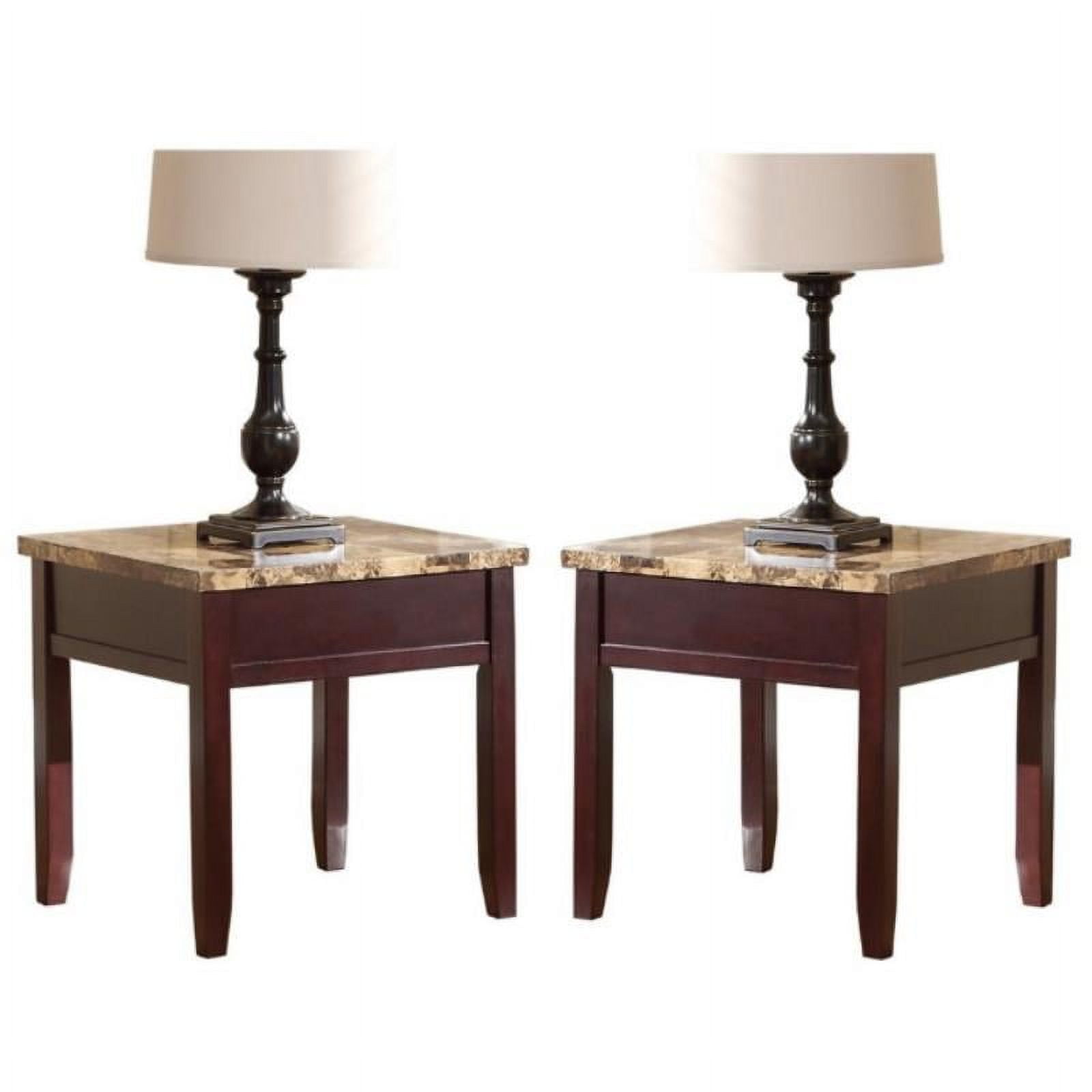 Home Square Faux Marble Top End Table in Dark Cherry Set of 2