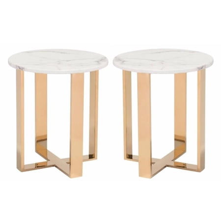 Home Square Faux Marble Top End Table in Stone & Gold - Set of 2