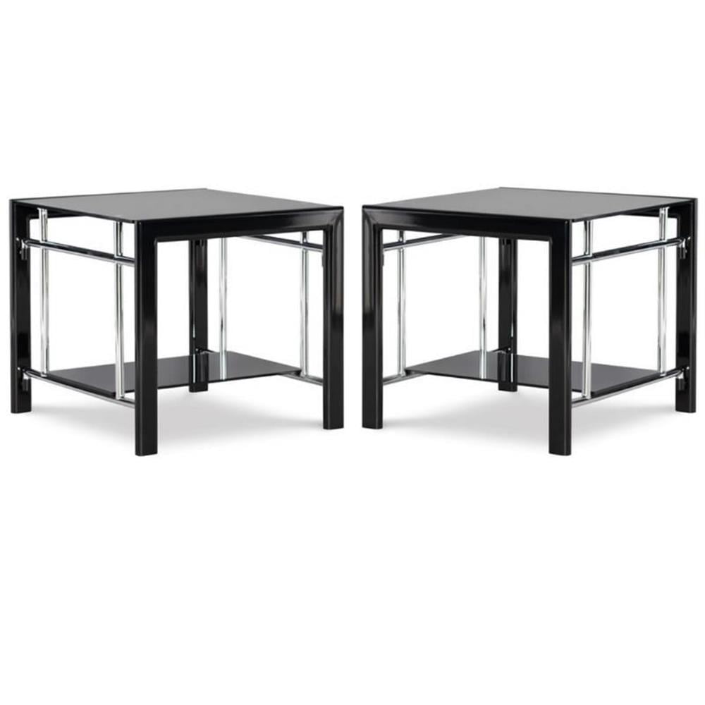 Gloss Black and Chrome Square Glass End Table Set