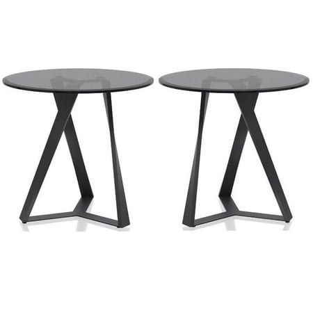 Home Square Hetra Contemporary Glass Top End Table in Black - Set of 2