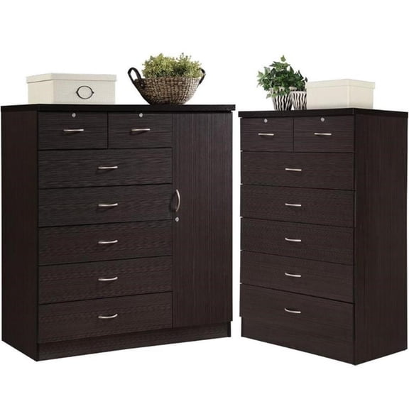 Home Square Hodedah 2 Piece 7 Drawer Wood Chest Set with Locks in Chocolate