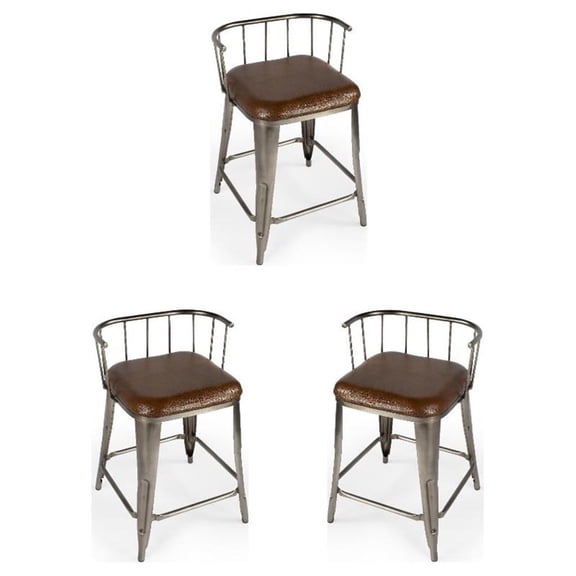 Home Square Iron & Leather Counter Stool in Brown Finish - Set of 3