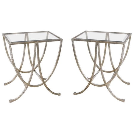 Home Square Iron & Tempered Glass Side Table in Antiqued Silver - Set of 2