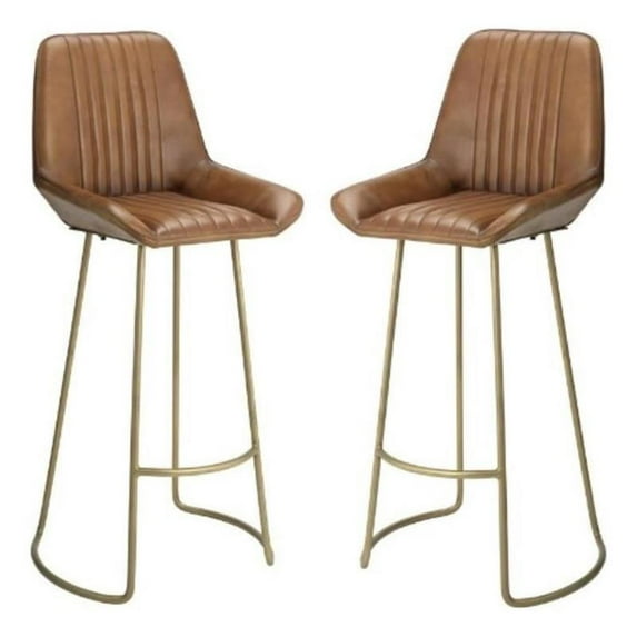 Home Square Leather and Iron Bar Stool in Brown & Antique Brass - Set of 2