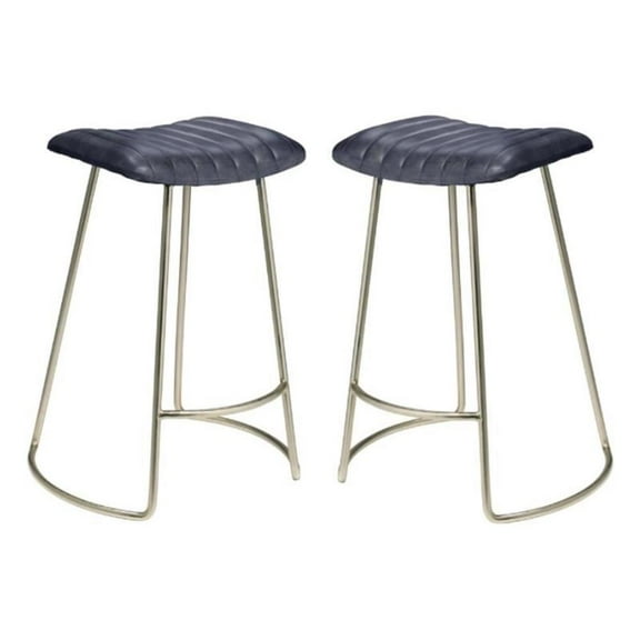 Home Square Leather and Iron Counter Stool in Gray & Nickel - Set of 2