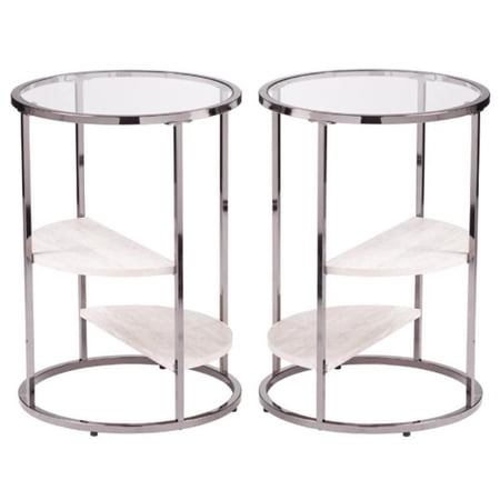 Home Square Ledermore Glass Top Accent Side Table in Gloss Black - Set of 2