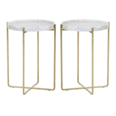 Home Square Liv 15" Marble Side Table with Gold Steel Base in White - Set of 2