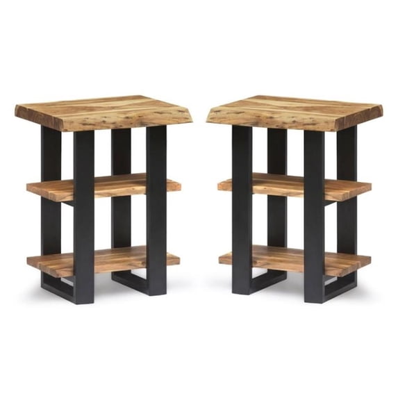 Home Square Live Edge Wood 2-Shelf End Table in Natural - Set of 2