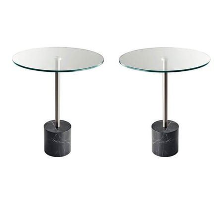 Home Square Marble End Table in Brushed Steel Finish - Set of 2