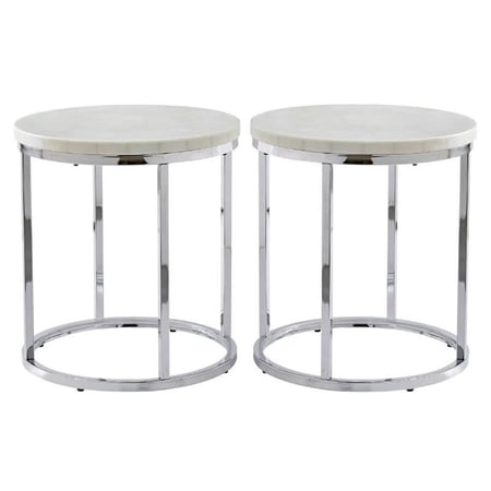 Home Square Marble Round Contemporary Metal End Table in White - Set of 2