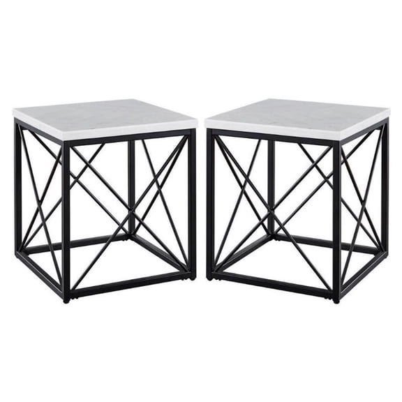Home Square Marble Top Square End Table in White - Set of 2
