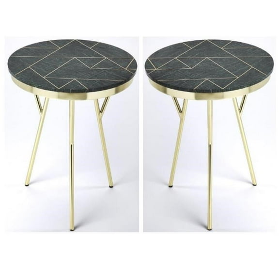 Home Square Marble and Brass Accent Table in Green - Set of 2