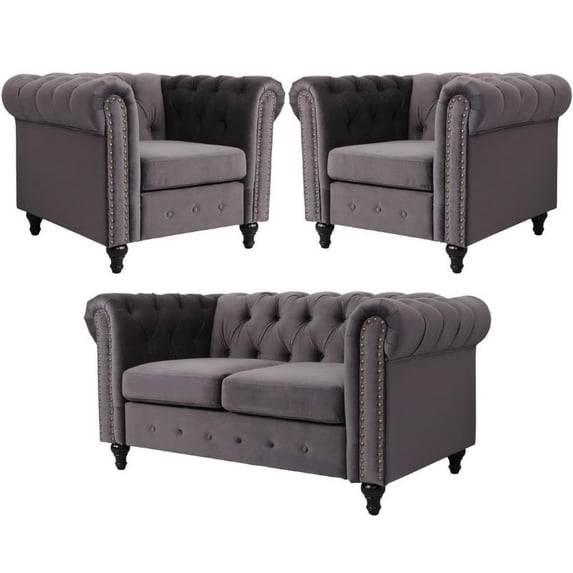 Home Square 3 Piece cMavi Velvet Living Room Furniture Set, Modern, Gray