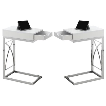 Home Square Metal End Table with Drawer in Glossy White - Set of 2