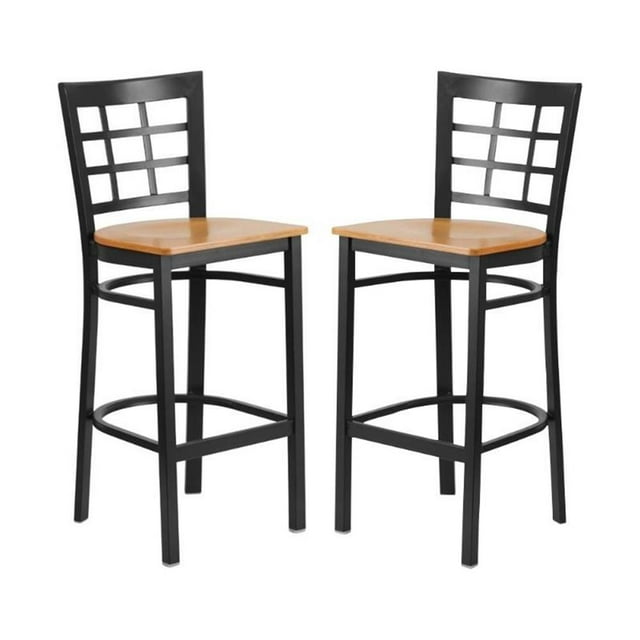 Home Square Metal Window Back Bar Stool in Black and Natural Finish - Set of 2