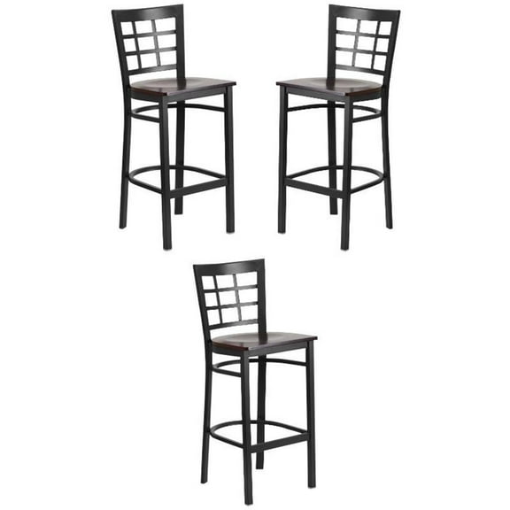 Home Square Metal Window Back Bar Stool in Black and Walnut - Set of 3