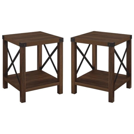 Home Square Metal X-Shaped Fram Rustic Wood End Table in Dark Walnut - Set of 2
