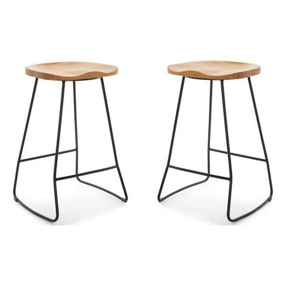 Home Square Metal and Wood Counter Stool in Light Beige - Set of 2