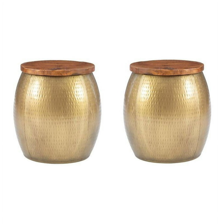 Home Square Metal and Wood Drum Side Table with Storage in Gold Set of 2