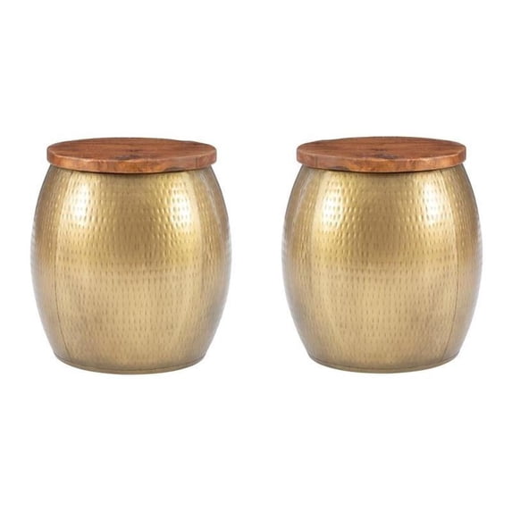 Home Square Metal and Wood Drum Side Table with Storage in Gold - Set of 2