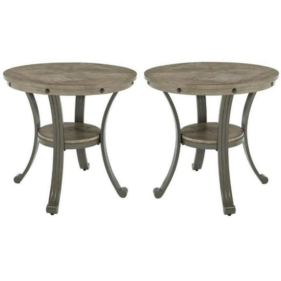Home Square Metal and Wood Round Side Accent Table in Pewter - Set of 2