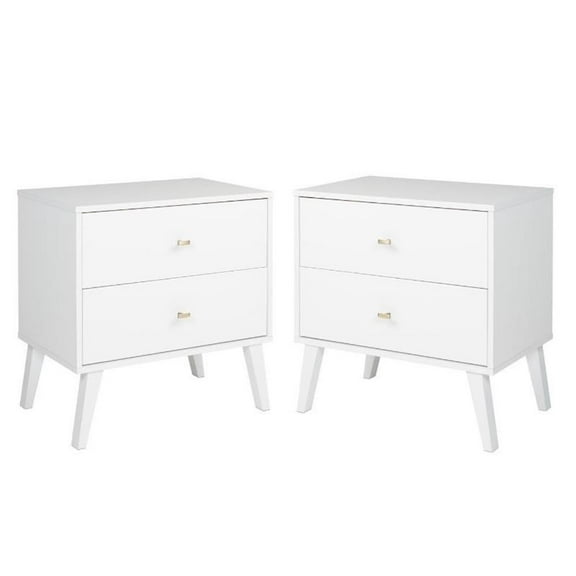 Home Square Mid Century Modern 2 Drawer Wood Nightstand Set in White (Set of 2)