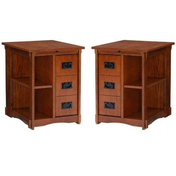 Home Square Mission Oak Wood Cabinet Table in Brown - Set of 2