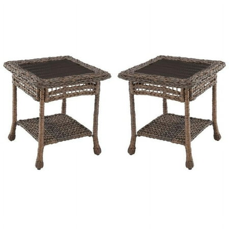 Home Square Modern Faux Sea Grass Rattan Patio End Table in Brown - Set of 2
