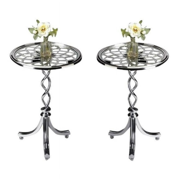 Home Square Modern Glass Top Accent Table in Silver - Set of 2