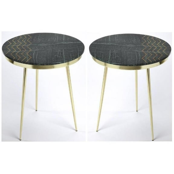 Home Square Modern Marble and Brass Accent Table in Green - Set of 2