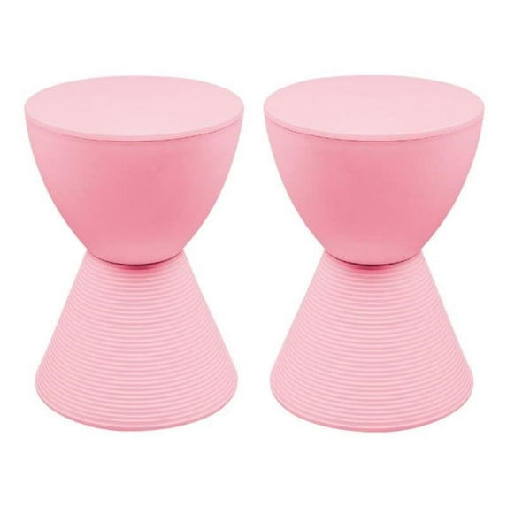 Home Square Modern Plastic Ribbed Round End Table in Pink - Set of 2