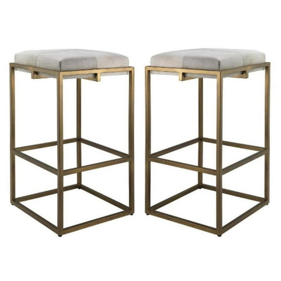 Home Square Modern Steel Metal & Hide Bar Stool in Antique Brass - Set of 2