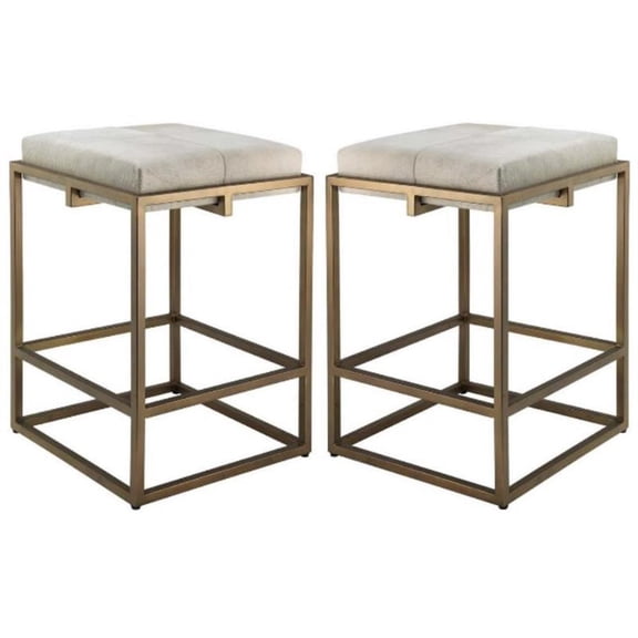 Home Square Modern Steel Metal Hide Counter Stool in Antique Brass - Set of 2
