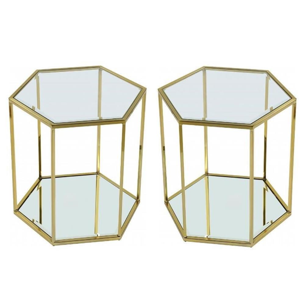 Hexagonal Brushed Gold and Glass End Tables - Set of 2
