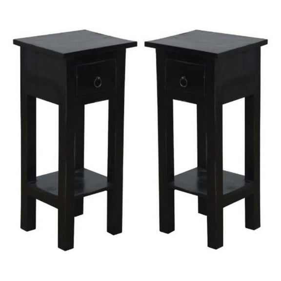 Home Square Narrow Wood Side Table in Distressed Antique Black - Set of 2