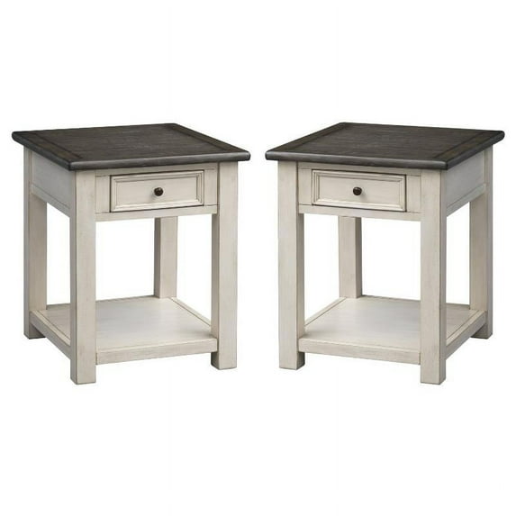 Home Square One Drawer Pine Wood End Table in Cream - Set of 2