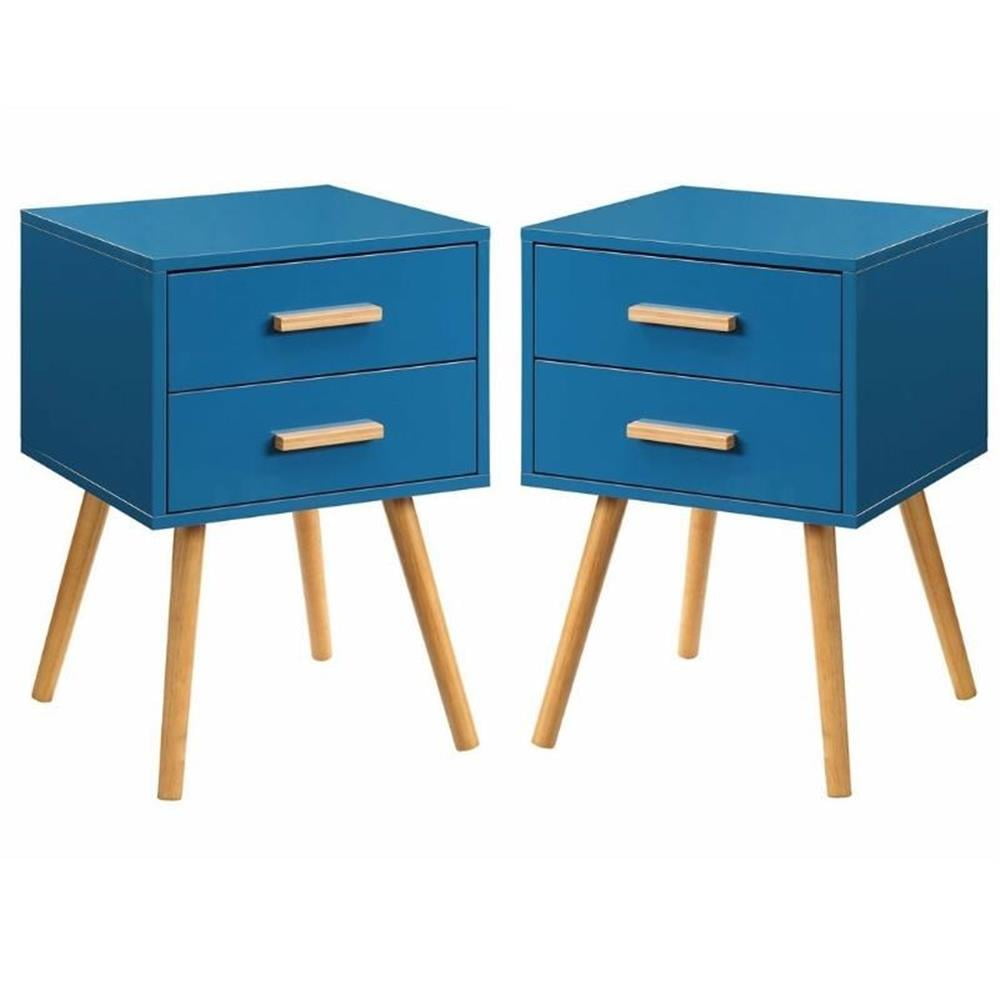 Oslo Blue Wood 2-Drawer End Table Set with Bamboo Handles